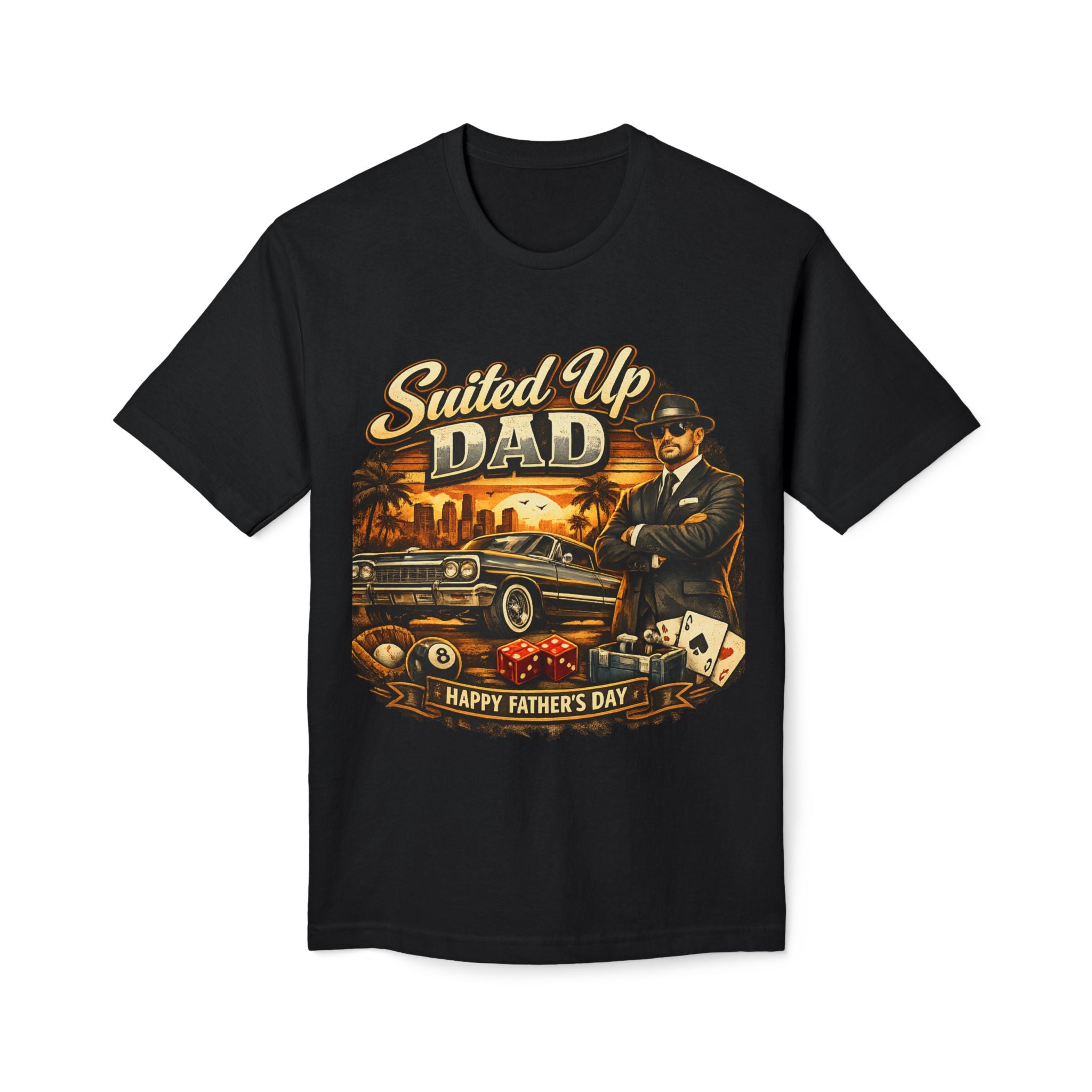 Suited Up Dad T-Shirt — Happy Father’s Day Vintage Car & Poker Design