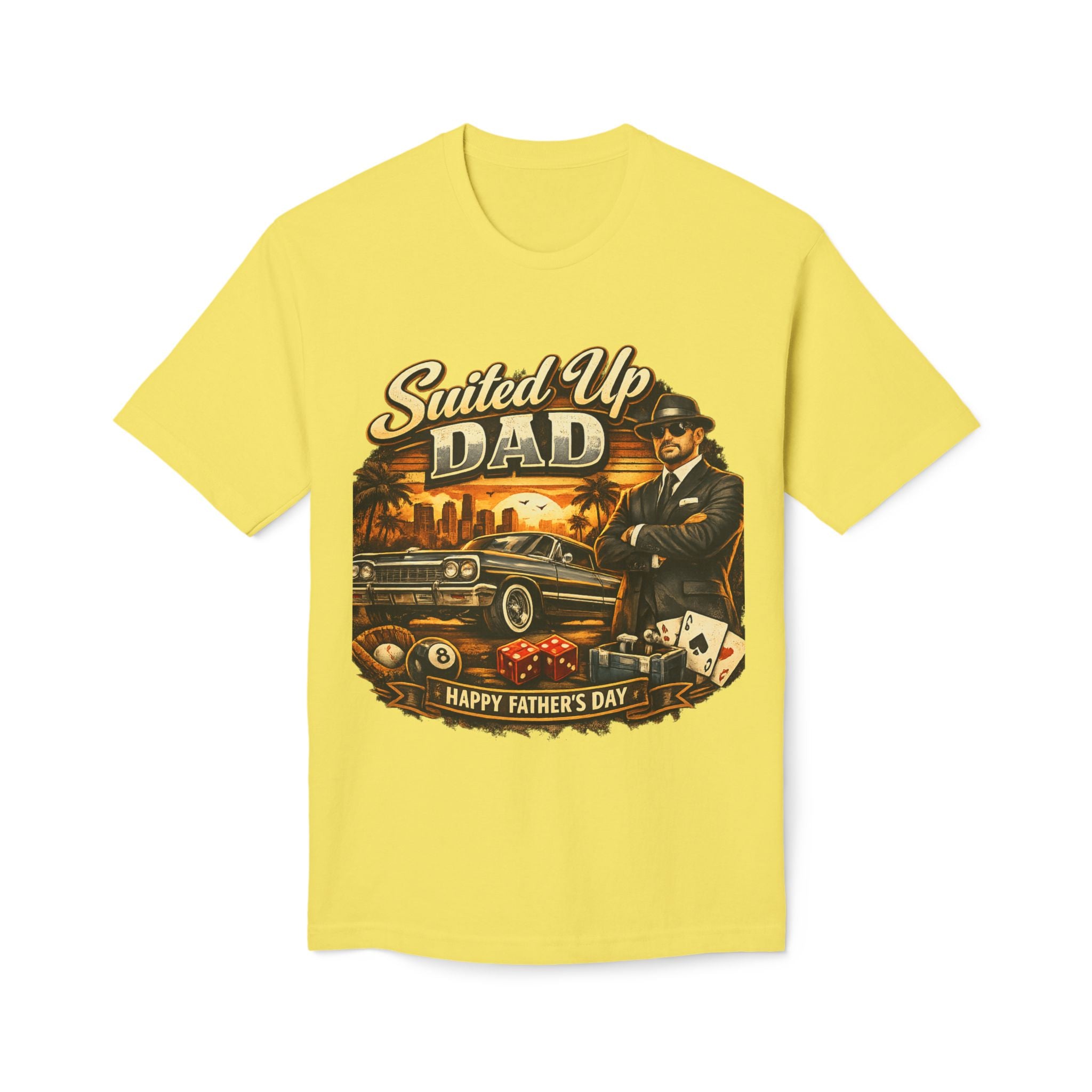 Suited Up Dad T-Shirt — Happy Father’s Day Vintage Car & Poker Design