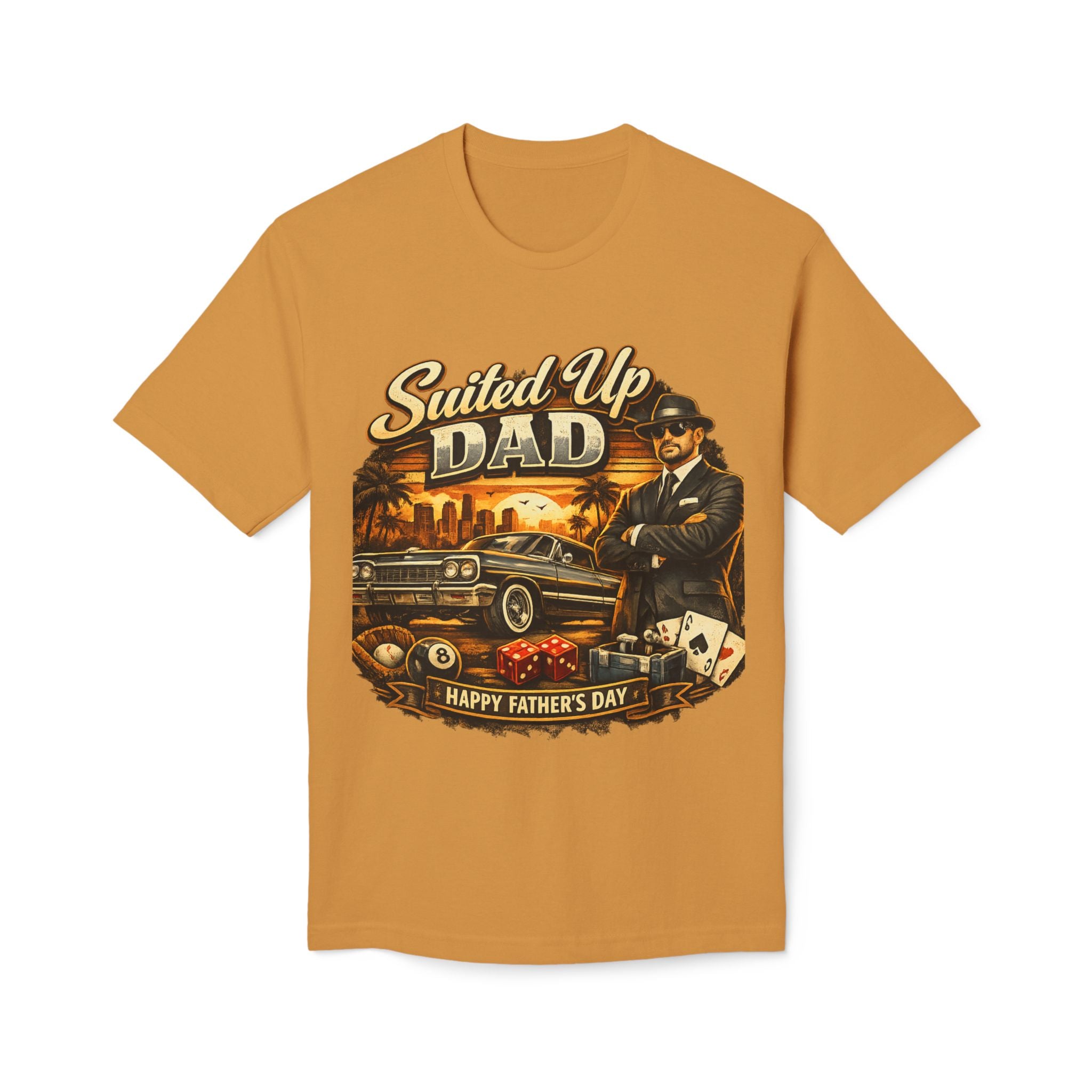 Suited Up Dad T-Shirt — Happy Father’s Day Vintage Car & Poker Design