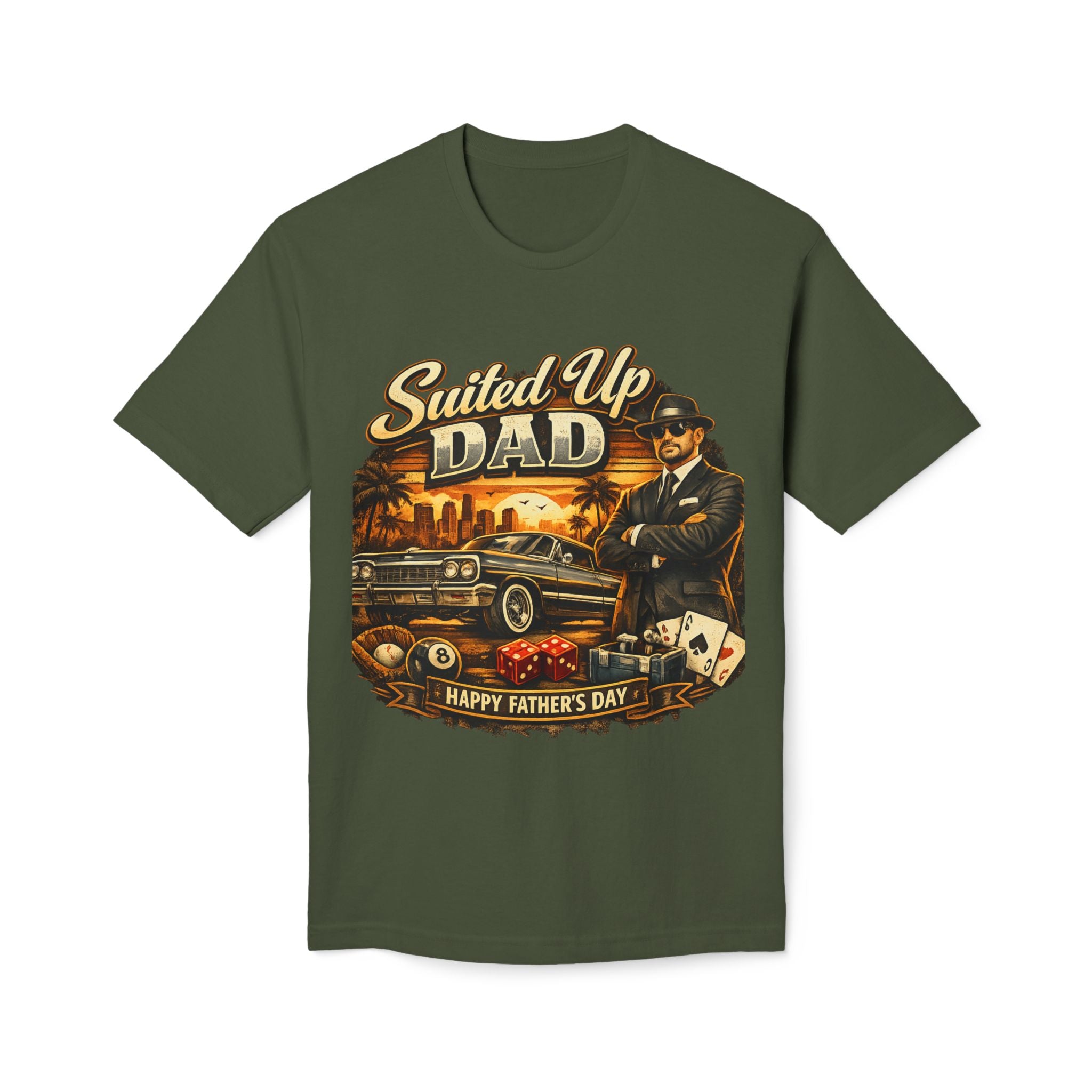 Suited Up Dad T-Shirt — Happy Father’s Day Vintage Car & Poker Design
