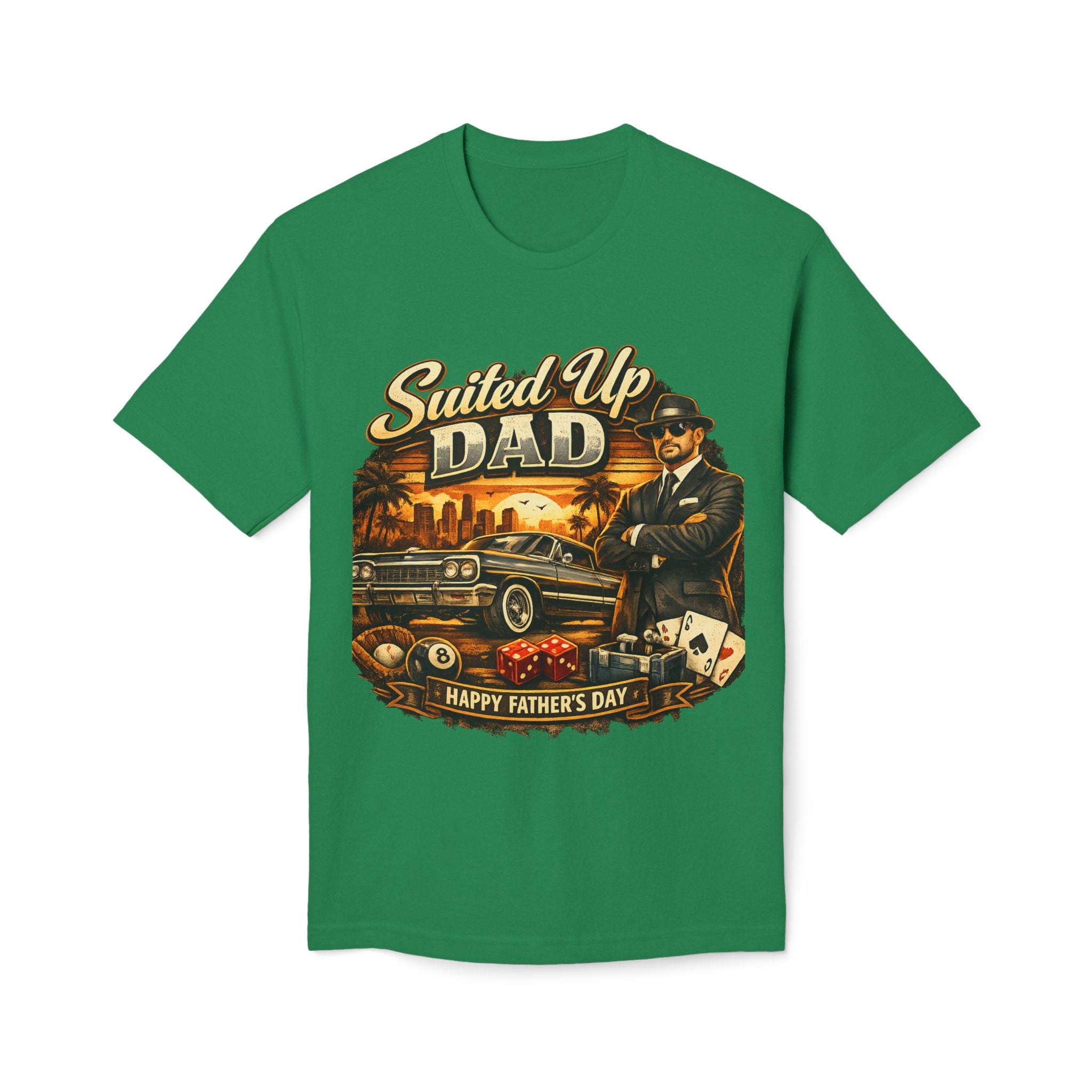 Suited Up Dad T-Shirt — Happy Father’s Day Vintage Car & Poker Design