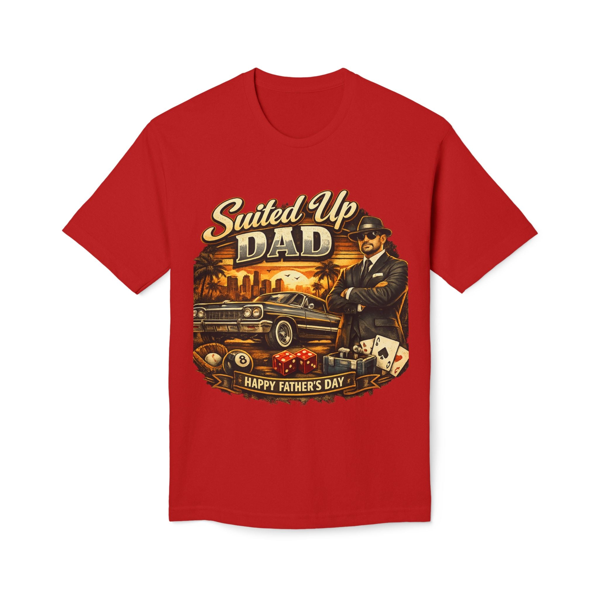 Suited Up Dad T-Shirt — Happy Father’s Day Vintage Car & Poker Design