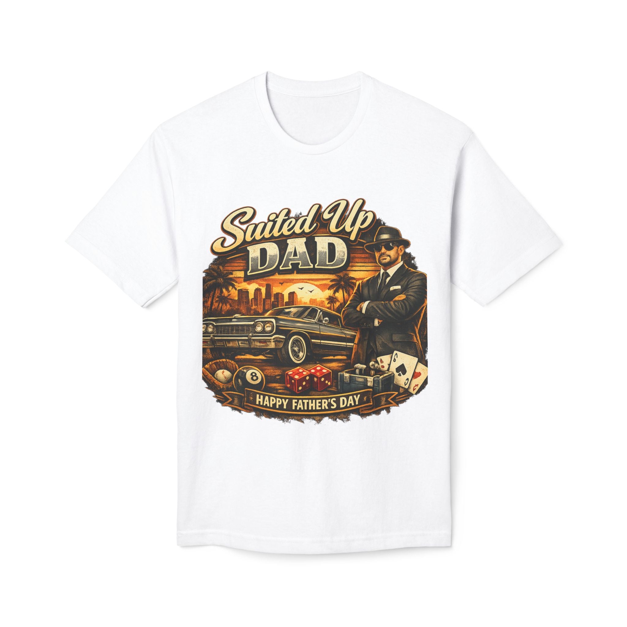 Suited Up Dad T-Shirt — Happy Father’s Day Vintage Car & Poker Design